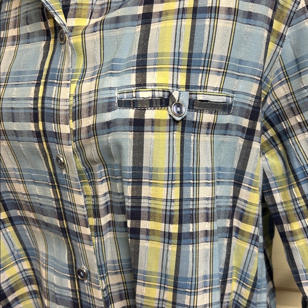 Allison Daley Plaid Button Up Shirt, Size Large, Blue and Yellow, Black EUC - Picture 3 of 9